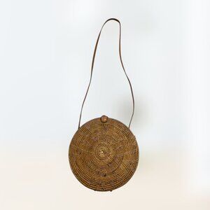 Boho One of a Kind Street Level Round Rattan Bag with leather strap - like new